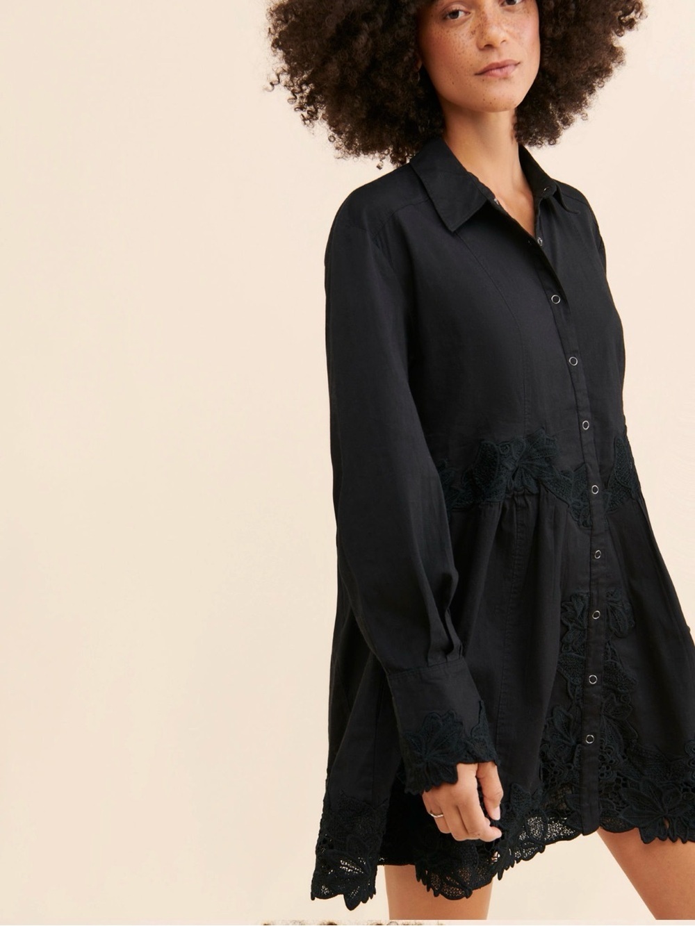 Free People Black Embroidered tunic Dress boho lace trim button front XS - Picture 3 of 5